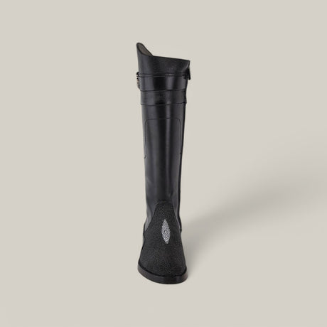 The Black Stingray Zipper - Round Toe - FC637 boot displays a textured, stingray-like pattern on the foot, with a buckle detail near the top, set against a light gray background.