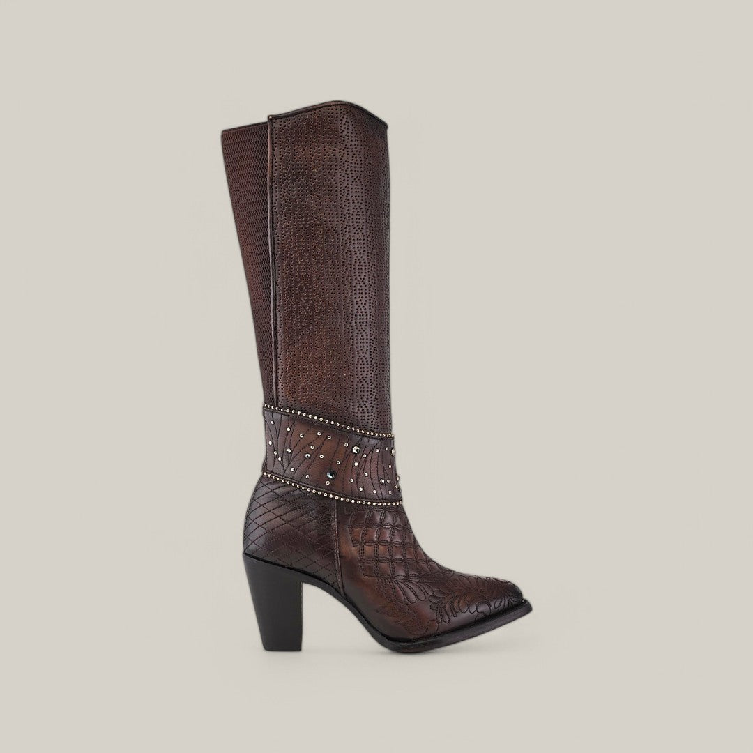 The Black/Brown Embroidery & Studs - Round Toe - CU584 boot features a textured design with decorative studs around the calf on brown leather, complete with a round toe and block heel. This sophisticated piece is elegantly displayed on a plain beige background.