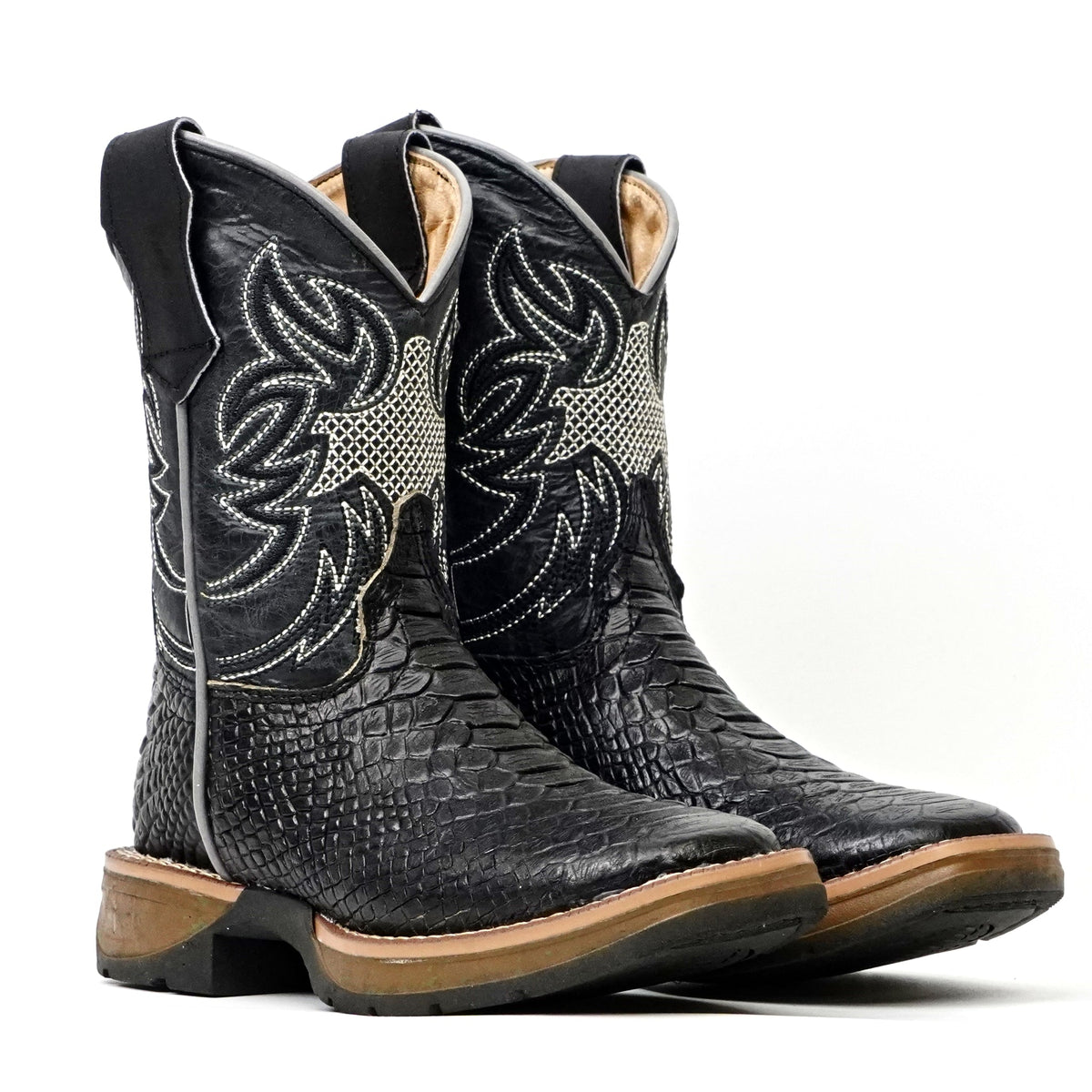 Kids Python Black Boots - Embossed Leather - Square Toe - Gomez Western Wear