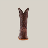 Front view of the Exotic Caiman Belly - Brown - Square Toe cowboy boot, made from genuine caiman leather with detailed stitching and a textured surface, set against a plain light background.