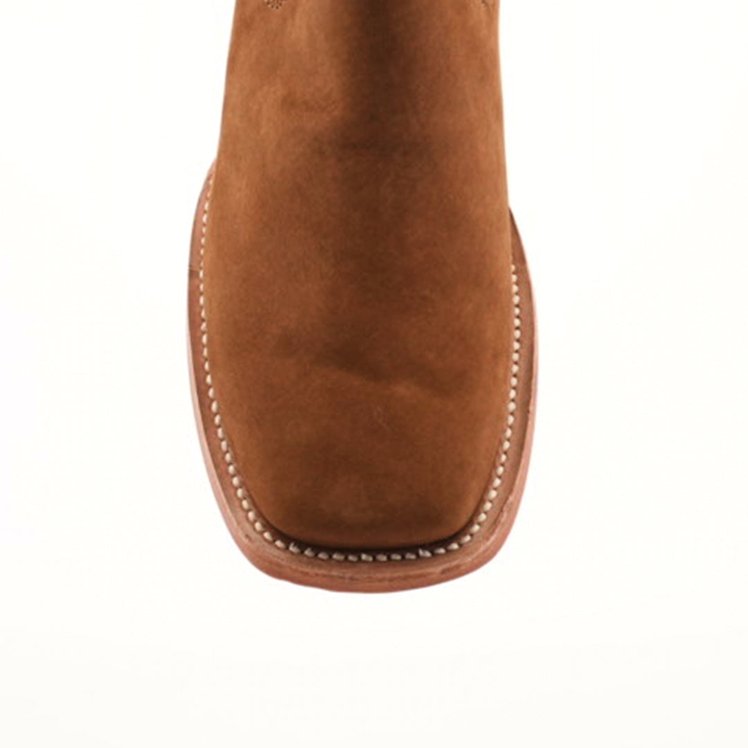 Top view of the Prime Suede Caramel Square Toe ankle boot, featuring a square toe and visible white stitching, against a plain white background.