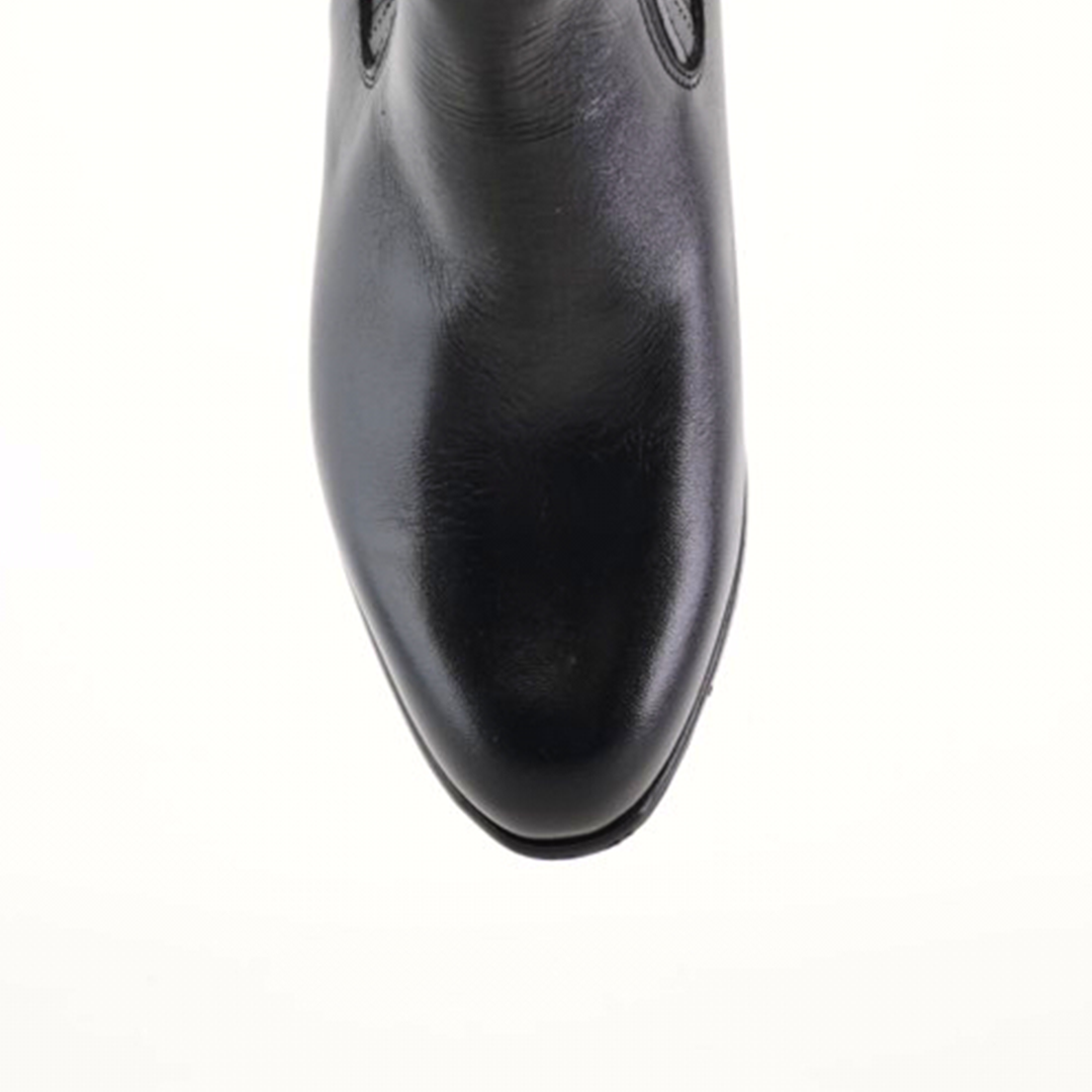 Top view of a Napa Black Square Toe shoe, handcrafted in black leather with a square toe, set against a white background.