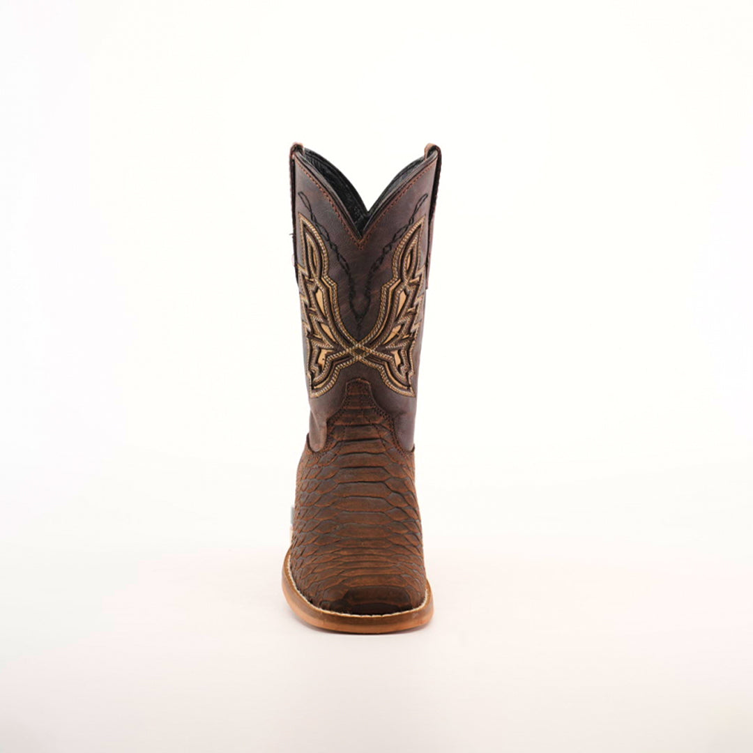 Front view of the Python Print Matte Brown Square Toe cowboy boot made from cowhide leather with decorative stitching on the shaft, featuring a rounded, textured toe and tan sole, set against a plain white background.