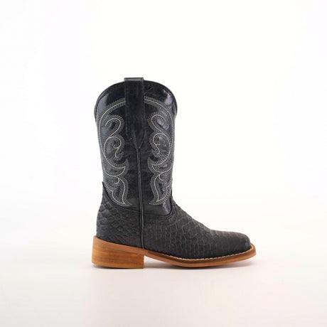 The Python Print Matte Black Square Toe boot is displayed solo against a plain background, featuring cowhide leather with white stitching, a textured pattern, wooden heel, and pointed toe for comfort in every step.