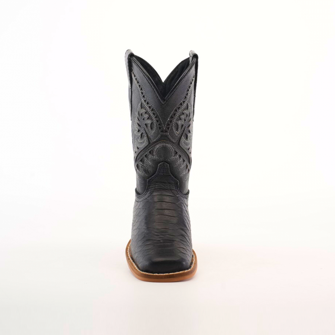 A single Python Print Black Square Toe boot is centered on a white background. Crafted from textured cowhide leather, it features intricate embroidery and a brown sole, showcasing elegance and style.