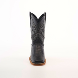 A single Python Print Black Square Toe boot is centered on a white background. Crafted from textured cowhide leather, it features intricate embroidery and a brown sole, showcasing elegance and style.