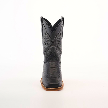 A single Python Print Black Square Toe boot is centered on a white background. Crafted from textured cowhide leather, it features intricate embroidery and a brown sole, showcasing elegance and style.