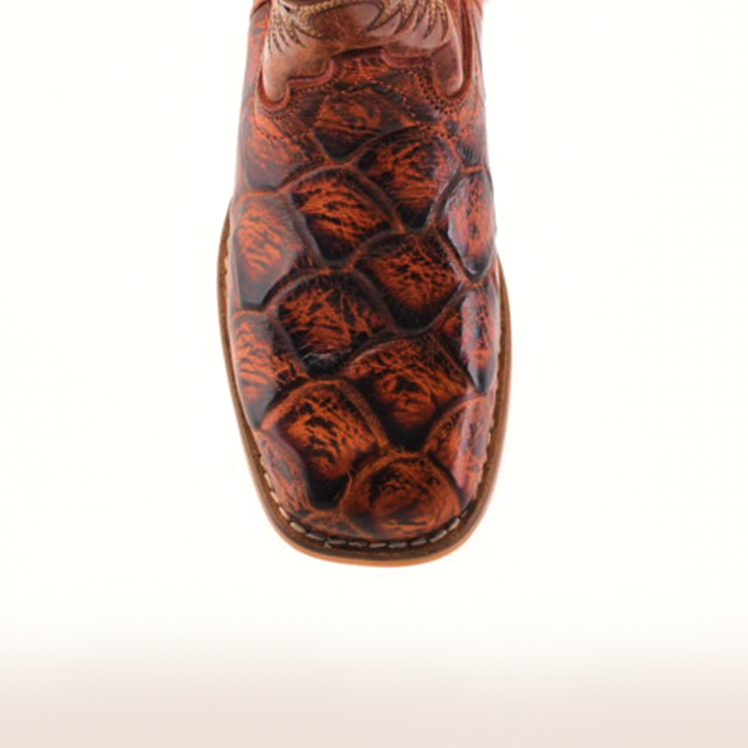 Close-up of the Pirarucu Bass Print Cogñac Square Toe cowboy boot, featuring premium reddish-brown leather with a unique Pirarucu bass print. The square toe design and visible stitching reflect expert craftsmanship on a simple light backdrop.