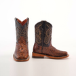 The Handtooled Leave Brown Square Toe cowboy boots display Western style, featuring intricate floral and geometric patterns on premium cowhide leather. One boot faces forward, the other side-on, showcasing exquisite stitching against a plain white background.