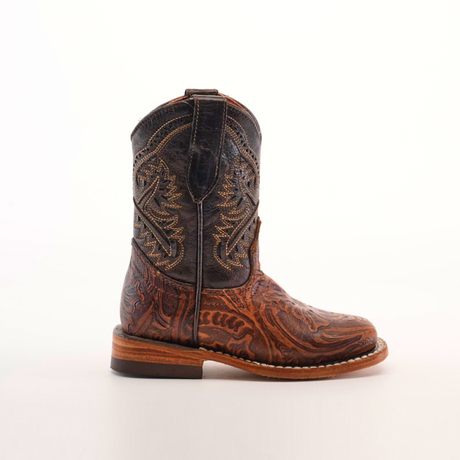 The Handtooled Leave Brown Square Toe cowboy boot is made from premium cowhide leather and features intricate embroidery and decorative stitching on the shaft. This handmade Western-style boot boasts a wooden heel, a square toe design, and is displayed against a plain white background.