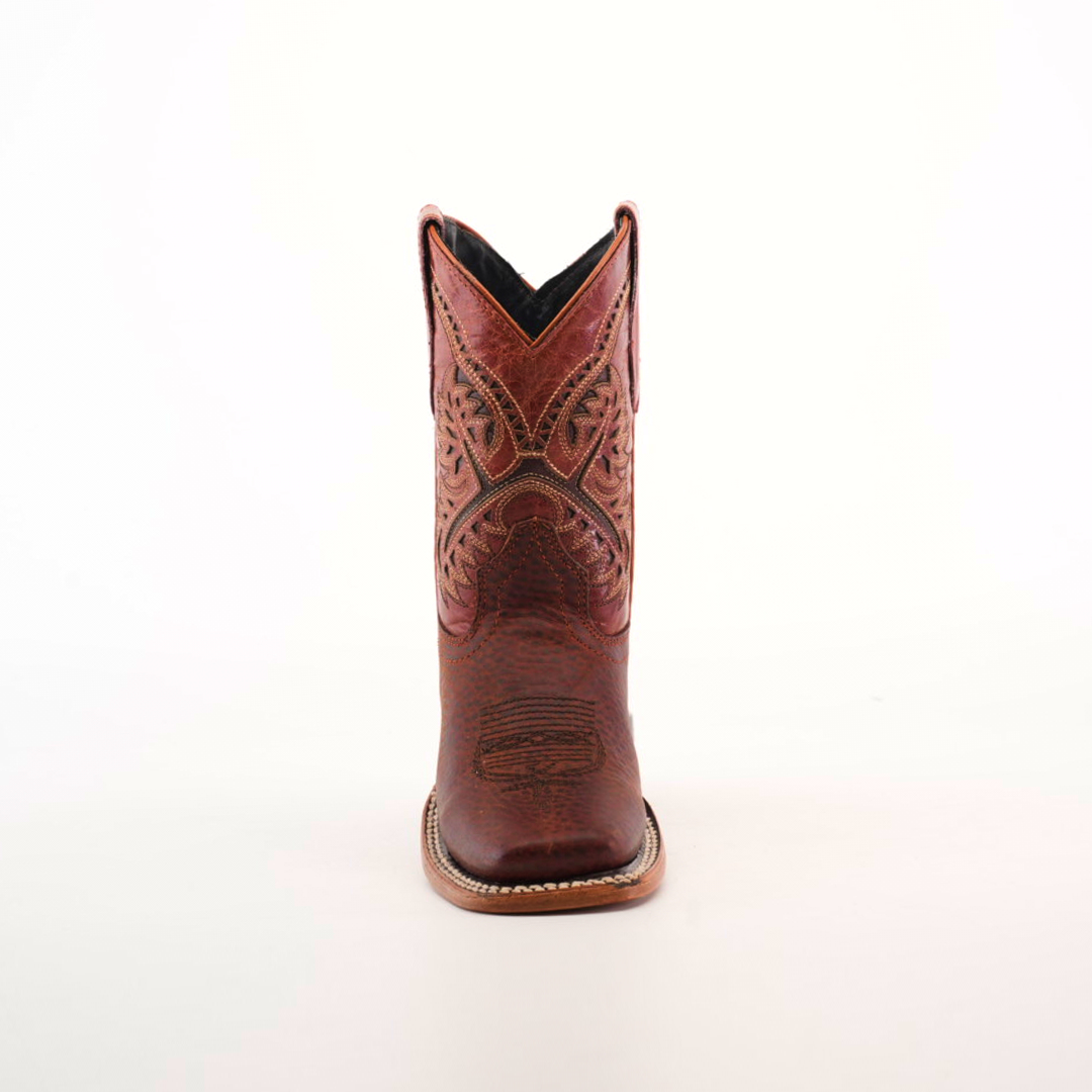 The front view of the Cheyenne Shedron Square Toe cowboy boot, crafted in genuine cowhide leather, showcases intricate stitching against a white background.