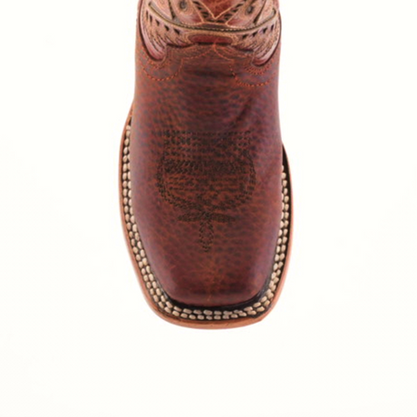 The Cheyenne Shedron Square Toe is a genuine cowhide leather cowboy boot featuring intricate western stitching and a square toe adorned with light-colored decorative accents, all set against a plain white background.