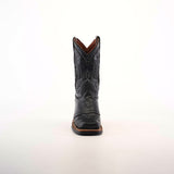 The Karoo Ostrich Half Cowhide Print Black Rodeo Toe boot is featured in a front view against a plain white background, highlighting its luxurious ostrich leather and intricate stitching details.