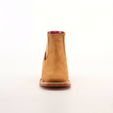 The Prime Suede Honey Square Toe is displayed from the front against a plain white background. This tan suede ankle boot with a red elastic side gusset features a square toe and sturdy sole, crafted from genuine leather for lasting quality and style.