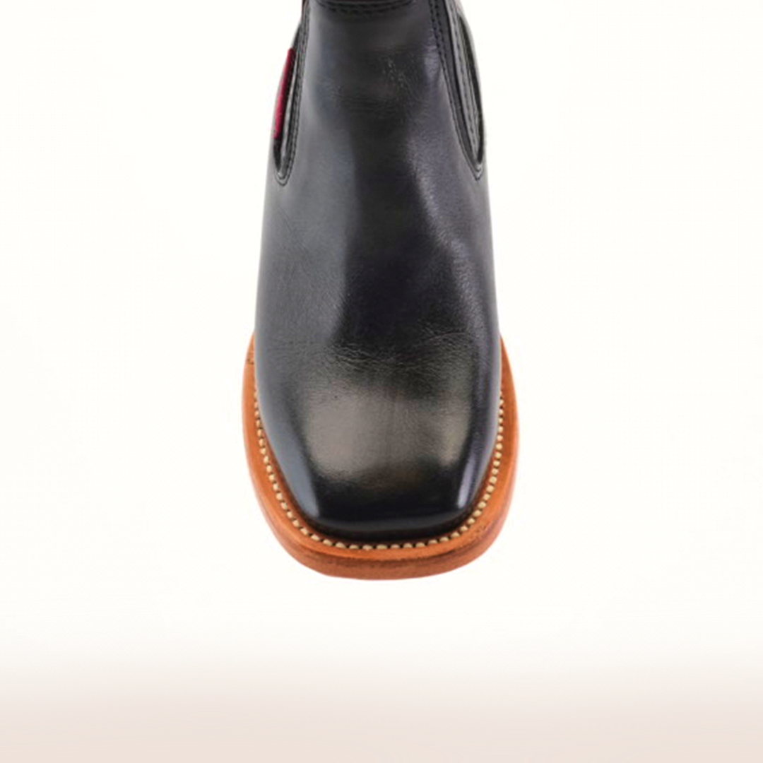 Experience luxury with the Napa Black Square Toe shoe, featuring polished black leather, a wooden sole, and precise stitching that crafts an elegant silhouette.