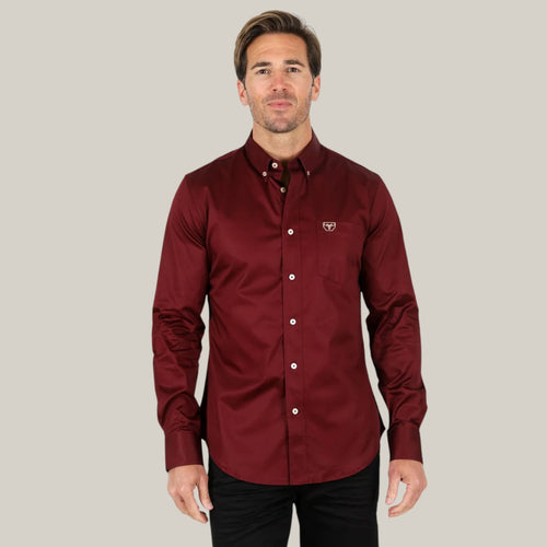 Men’s Single Pocket Logo Modern Fit Stretch Dress Shirt - Burgundy - CTL9260