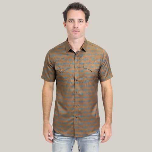 Mens Performance Western Short Sleeve Aztec Print Camel Shirt - PGW10613