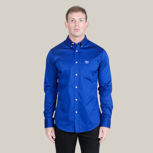 Men’s Single Pocket Logo Modern Fit Stretch Dress Shirt - Royal Blue - CTL9830