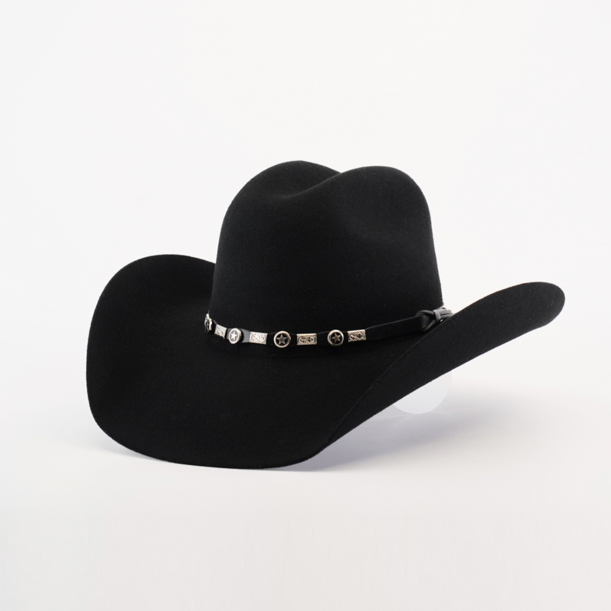 The 6X Chihuahua Black is a premium black cowboy hat crafted from high-quality Chihuahua felt, featuring a wide brim and a decorative band with small silver conchos and intricate designs, all set against a white background.