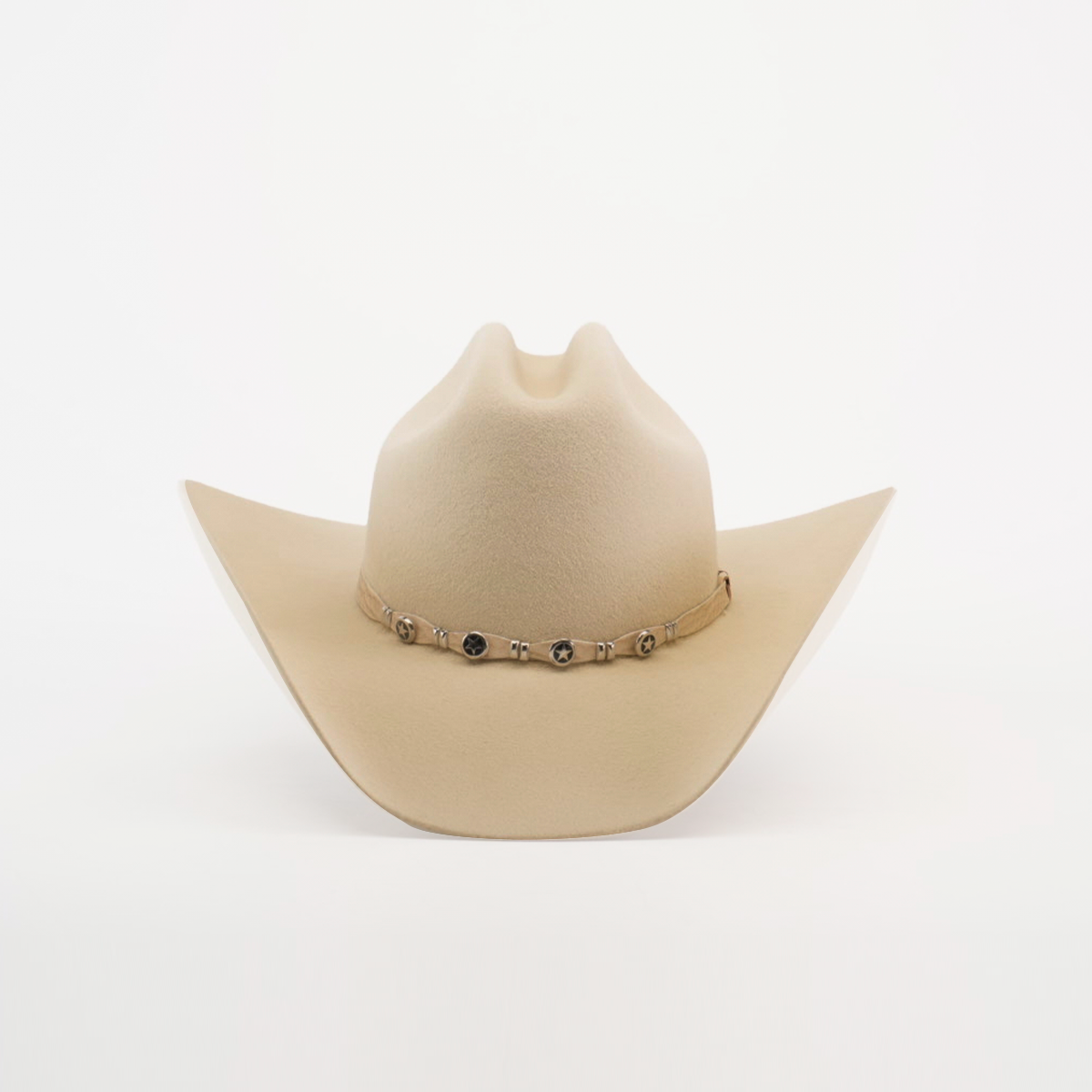 The 6X Country Bone is a Western classic cowboy hat made from premium beige sheep wool felt, featuring a wide brim with a decorative band adorned with small metal accents on a plain white background.