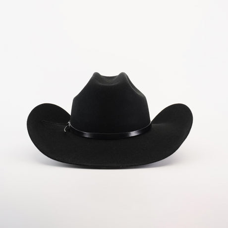 The 6X Bull Black cowboy hat, with a wide brim and slight crown crease, highlighted by a thin black band, is centered against a plain white background.