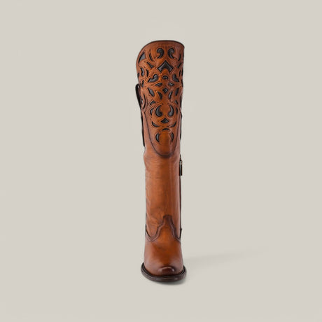 The California Tall Shaft Honey - Round Toe boot, part of the Platinum collection, showcases intricate cut-out designs on its brown leather shaft with a classic round toe against a plain background.