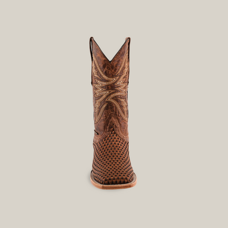 The Texas Basket Weave Orix - Square Toe boot, made from premium brown cowhide leather, features intricate stitching and a textured vamp, showcased against a plain white background.