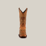 The Love Crystals Honey boot showcases one handcrafted brown womens cowboy boot made from premium leather, featuring intricate decorative stitching on a plain white background. Its polished finish and dark sole accentuate its exquisite design.