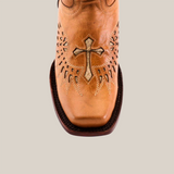 The Texas Cross Glitterbomb Orix boot offers premium leather with detailed toe patterns, a decorative cross, and dark brown trim on a white background. It features a narrow square toe and mid shaft design.