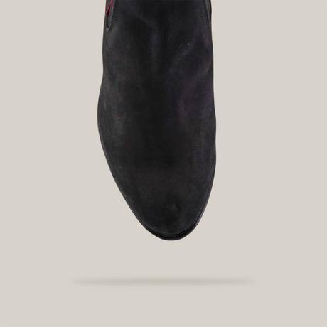 Viewed from above, the Prime Suede Black Round Toe ankle boot highlights its smooth surface and curved round toe design against a plain white background.