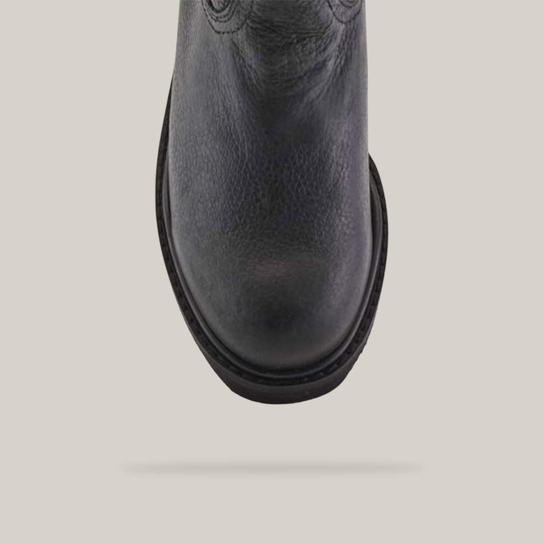 A close-up highlights the Black Roper - Laredo Sole - Soft Toe cowboy boots toe area with decorative stitching on premium cowhide leather, set against a white background.