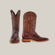 The Exotic Lizard - Brown - Square Toe boots feature brown leather with intricate shaft stitching. The right boot shows a side profile standing upright, while the left points forward with its square toe. Light brown soles complete their look.