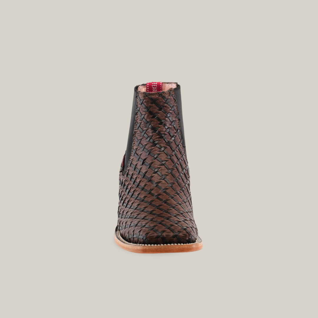 Front view of the Basket weave BlackBrown Square Toe ankle boot with a tan sole, crafted by artisan bootmakers, set against a plain white background.