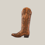 A single brown leather cowboy boot, the handcrafted Rania Copper with detailed floral embroidery and decorative stitching, features a snip toe design and low heel against a plain white background, merging traditional style with modern flair.