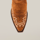 Close-up of a womens Amara Tabaco Suade Tall Shaft cowboy boot with intricate white stitching on the snip toe, crafted from suede and elegantly photographed against a plain white background.