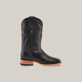 The Exotic Lizard - Black - Square Toe cowboy boot with decorative stitching and a textured design stands upright on a light background. It features a wooden heel and sole, accented by a small pink label on the side.