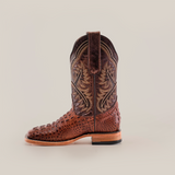 The Caiman Hornback Print Chocolate Square Toe is a luxury brown cowboy boot featuring intricate leather patterns, stitching, a textured design, medium-height heel, side pull tabs on the upper shaft, and a standout Chocolate Square Toe against a plain white background.