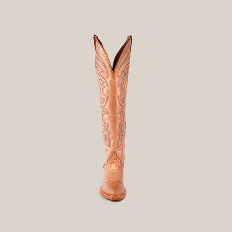 Front view of the Taylor Rose Gold tall shaft cowboy boot in tan featuring intricate stitching and a slightly pointed snip toe, set against a white background.