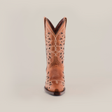 The Flipy Honey - Short Shaft - Snop Toe cowboy boot, centered on a white backdrop, showcases intricate cutout patterns and stitching from the front. This womens boot exemplifies quality craftsmanship with its premium leather sole, highlighting traditional bootmaking artistry.