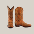 A pair of intricately designed womens cowboy boots, Love Crystals Honey, made of premium brown leather, features decorative cutouts and stitching on the narrow square toes and short shafts. Displayed against a plain white background, one boot stands upright while the other is shown from the side.