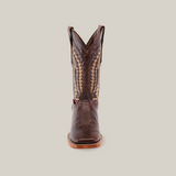 The Dessert Camel - Square Toe boot, crafted from premium brown cowhide leather with intricate stitching, is elegantly centered against a plain white background, highlighting its timeless design.