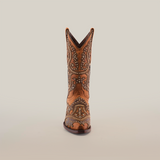 A single Nirvana Tabaco - Short Shaft - Snip Toe boot, in a brown hue with decorative stitching and patterns, stands front-facing against a white background, capturing the essence of Western style.