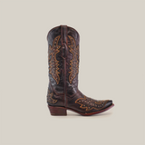 A single handcrafted Matte Chocolate Mid Shaft cowboy boot, made from premium leather with intricate patterns and small studs. These Beautiful boots feature a snip toe and stacked heel, elegantly showcased against a plain white background.