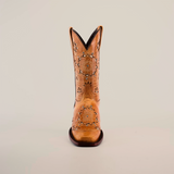 A tan Mayan Flower Crystals Orix boot with intricate floral embroidery on a white background, handcrafted with a narrow square toe and short shaft.