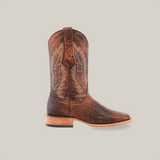 The Bombay Camel - Square Toe is a premium cowhide leather cowboy boot in Bombay Camel, featuring intricate stitching, a square toe, wooden heel, and side pull tabs, all set against a plain white background.