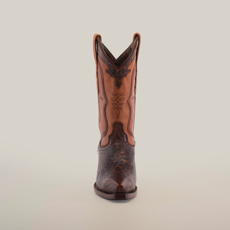 Front view of a Handtooled Flowers Brown Short Shaft boot, showcasing handcrafted elegance with intricate dark stitching on premium leather and a snip toe against a plain white background.