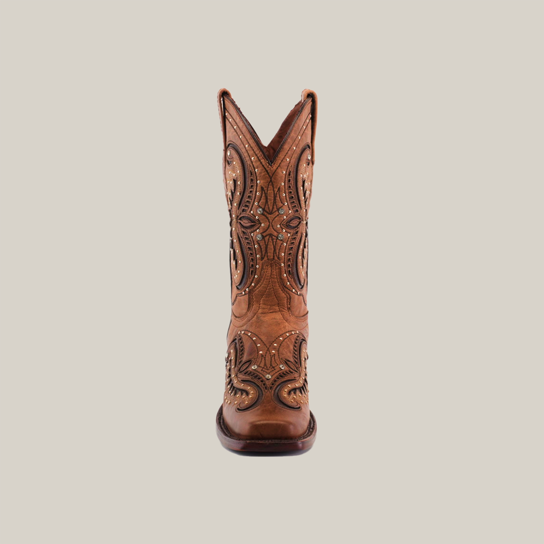 Front view of the Croella Orix Crystals cowboy boot in brown, handcrafted from premium leather with intricate embroidered patterns and decorative stitching, displayed on a white background.