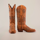 The Napoles Crystals Flowers Fawn Mid Shaft boots, featuring a handcrafted narrow square toe and intricate floral designs with gleaming leather, showcase their side and front view on a plain white background.