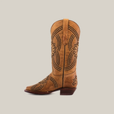 A single tan cowboy boot, featuring the Flor Crystals Studs design with intricate dark brown stitching and handcrafted details, styled with a narrow square toe and slight heel, displayed on a white background.