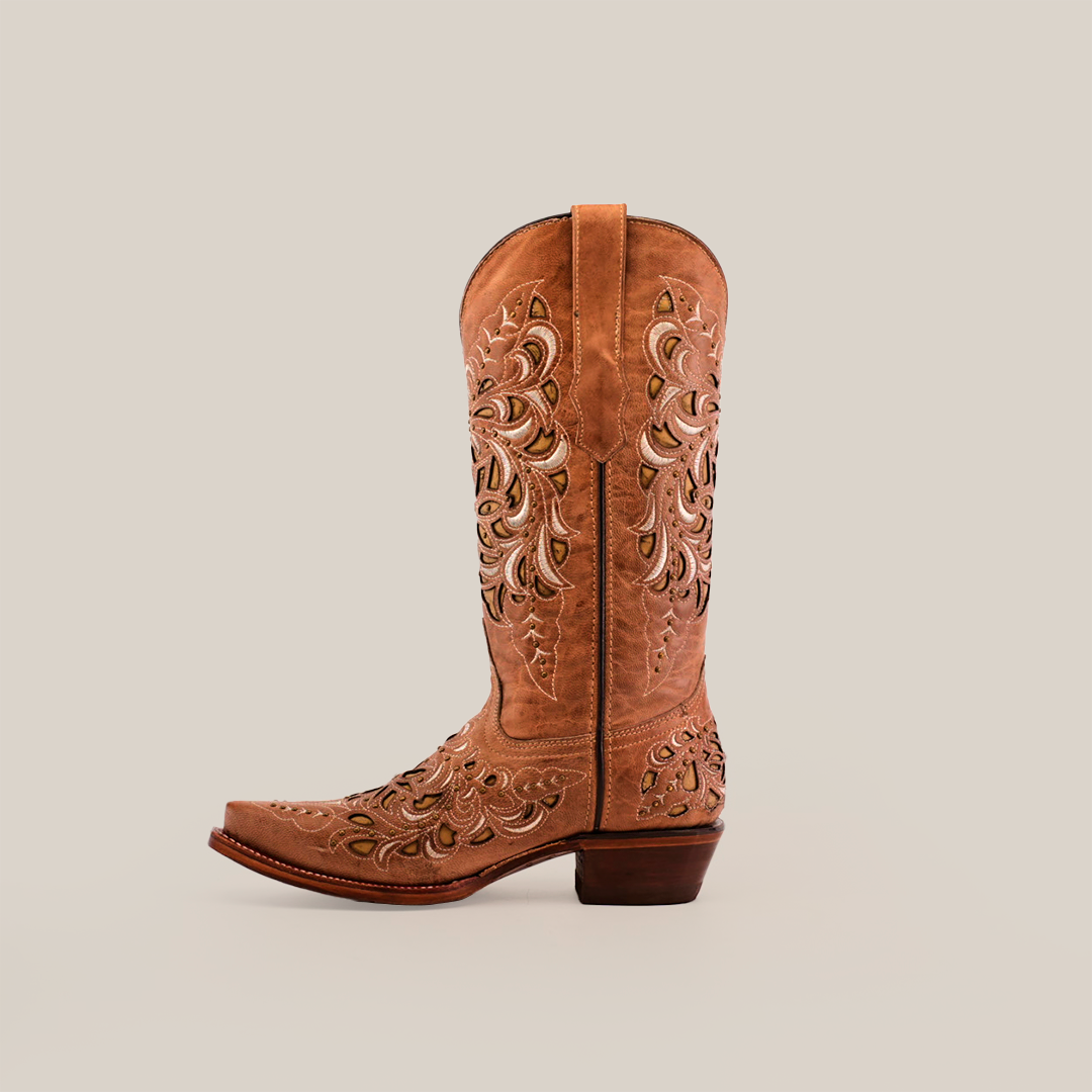 The Kiara Crystals Fawn Mid Shaft boot features premium leather with intricate swirling embroidery and subtle crystal embellishments, crafted in a classic western shape with a slight heel against a plain white background.